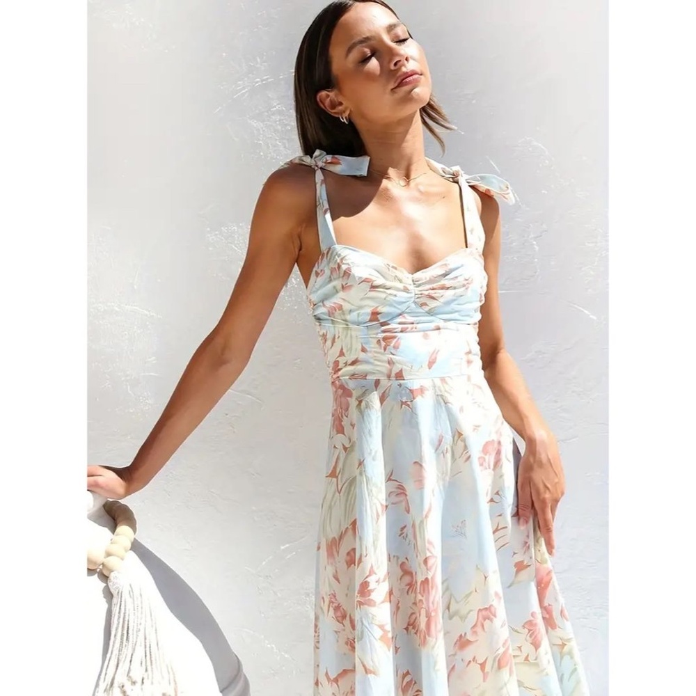 Elegant Slim Waist Bow Tie Pastel Blue Midi Floral Summer Dress